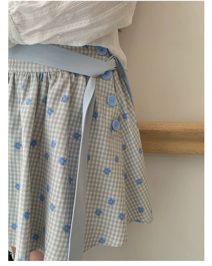 “Bluebell Letter” Light Blue Plaid Blazer Top & Ribbon Skirt