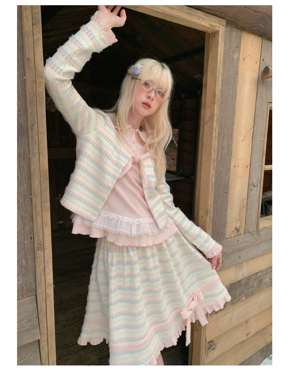 RF - Candy Stripe Floral Knit Cardigan and Midi Skirt Set