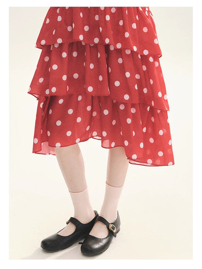 "Polka Dot Layers" Red Polka Dot Tiered A-Line Maxi Cami Dress