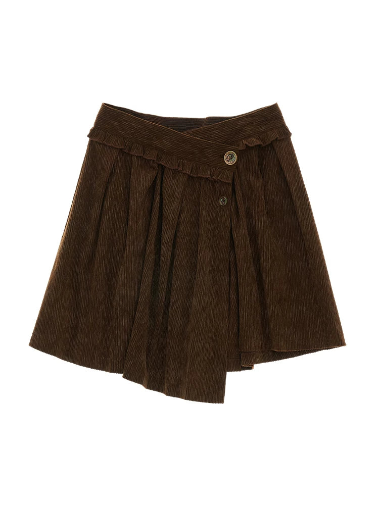 MAMC - Brown Asymmetric Waist Pleated Mini Skirt