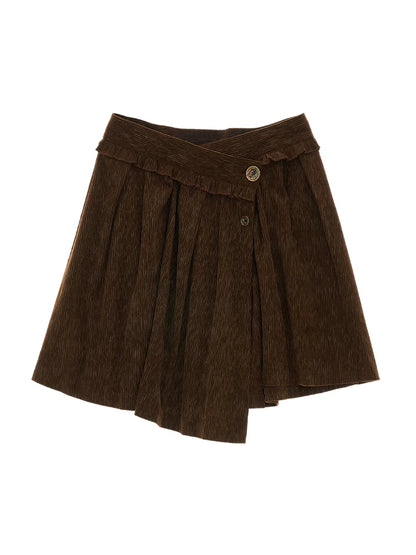 MAMC - Brown Asymmetric Waist Pleated Mini Skirt