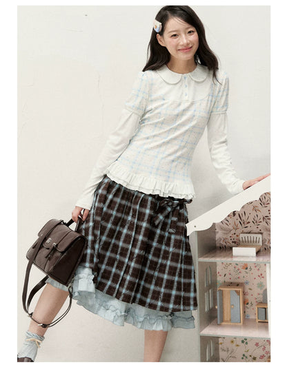 [RF] Star Blue Faux Two-Piece Lace-Trim Blouse with Peter Pan Collar