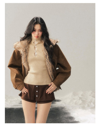 少也眼 "Cloud Veils Over the Mountains" Hepburn-Style Padded Faux Suede Butterfly Coat