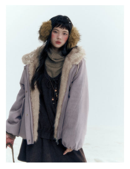 Horridale - Reversible Vintage Puff Jacket with Faux Fur – Misty Purple