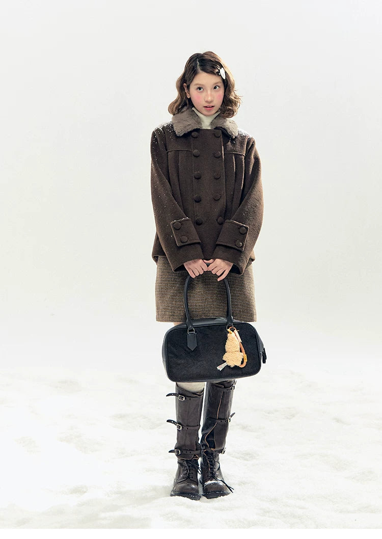 "Berlin Snowfall" Double-Breasted Quilted Wool-Blend Peacoat (Ivory/ Chocolate Brown)