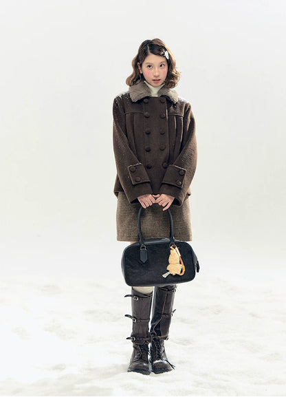 "Berlin Snowfall" Double-Breasted Quilted Wool-Blend Peacoat (Ivory/ Chocolate Brown)