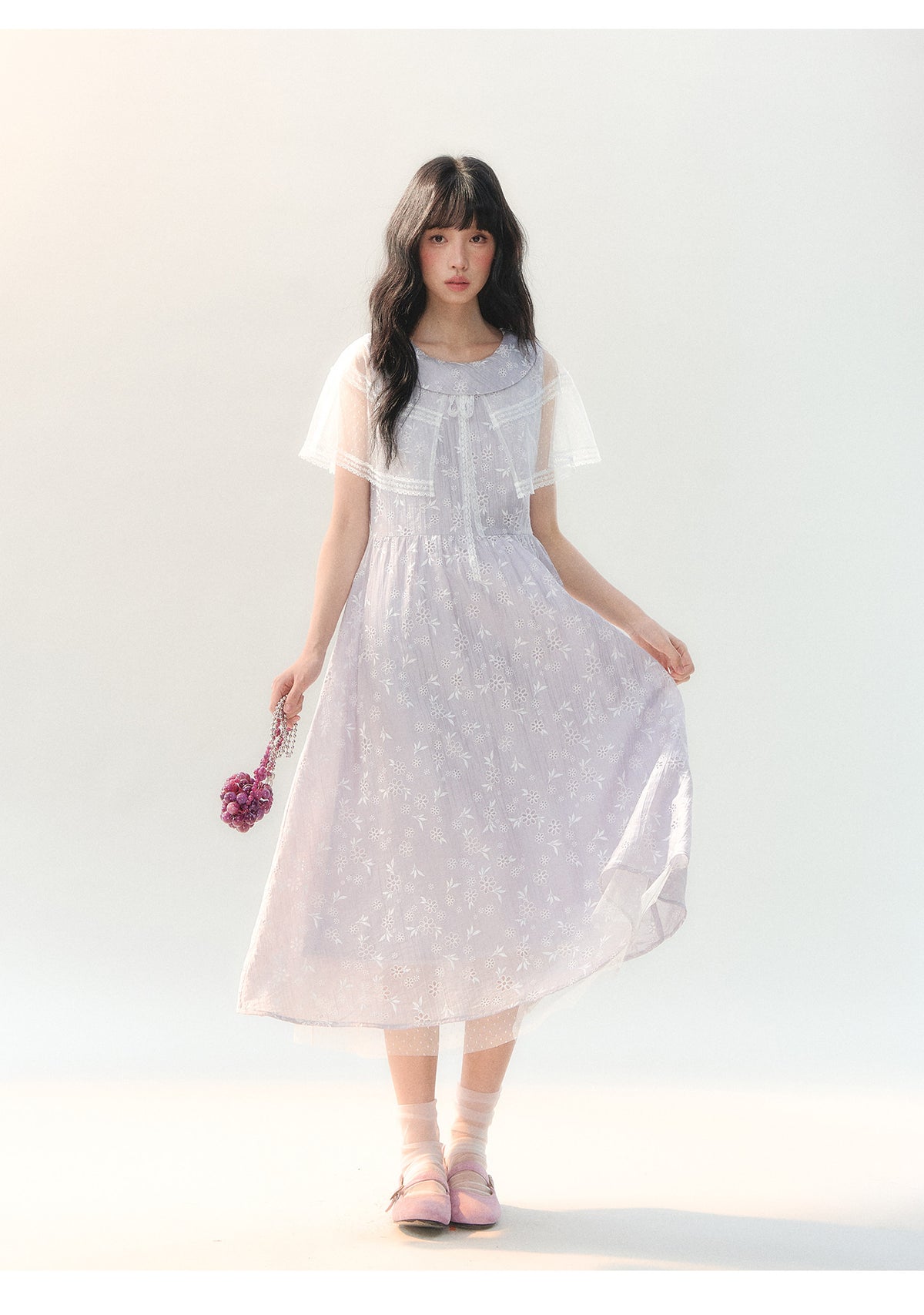 [CAN] "Lavender Bloom Whisper" Purple Floral Cape Tulle Tie-Waist Dress