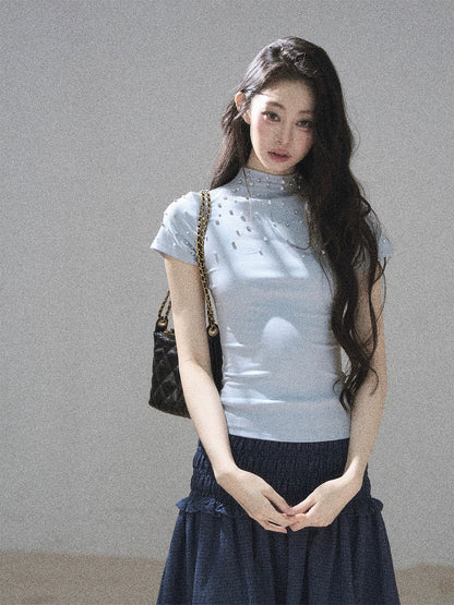 "Scattered Across the Milky Way" Pearl Beaded Knit T-Shirt (Haze Blue/ Sage Gray)