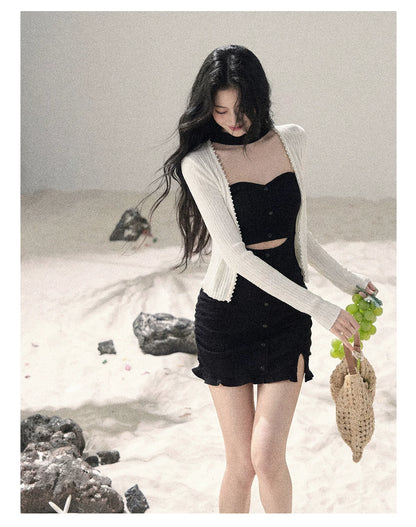 "Between Light and Shadow" Midnight Black Halter Knit Bodycon Mini Dress