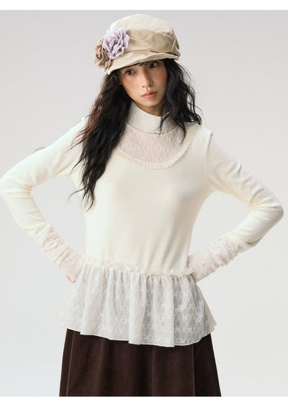 [CAN] “Cream Cloud” Ivory Lace Ruffle High-Neck Top