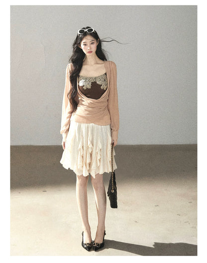 AOMALM - Cinnamon Blush Ruched Wrap Chiffon Top with Lace Cami Set