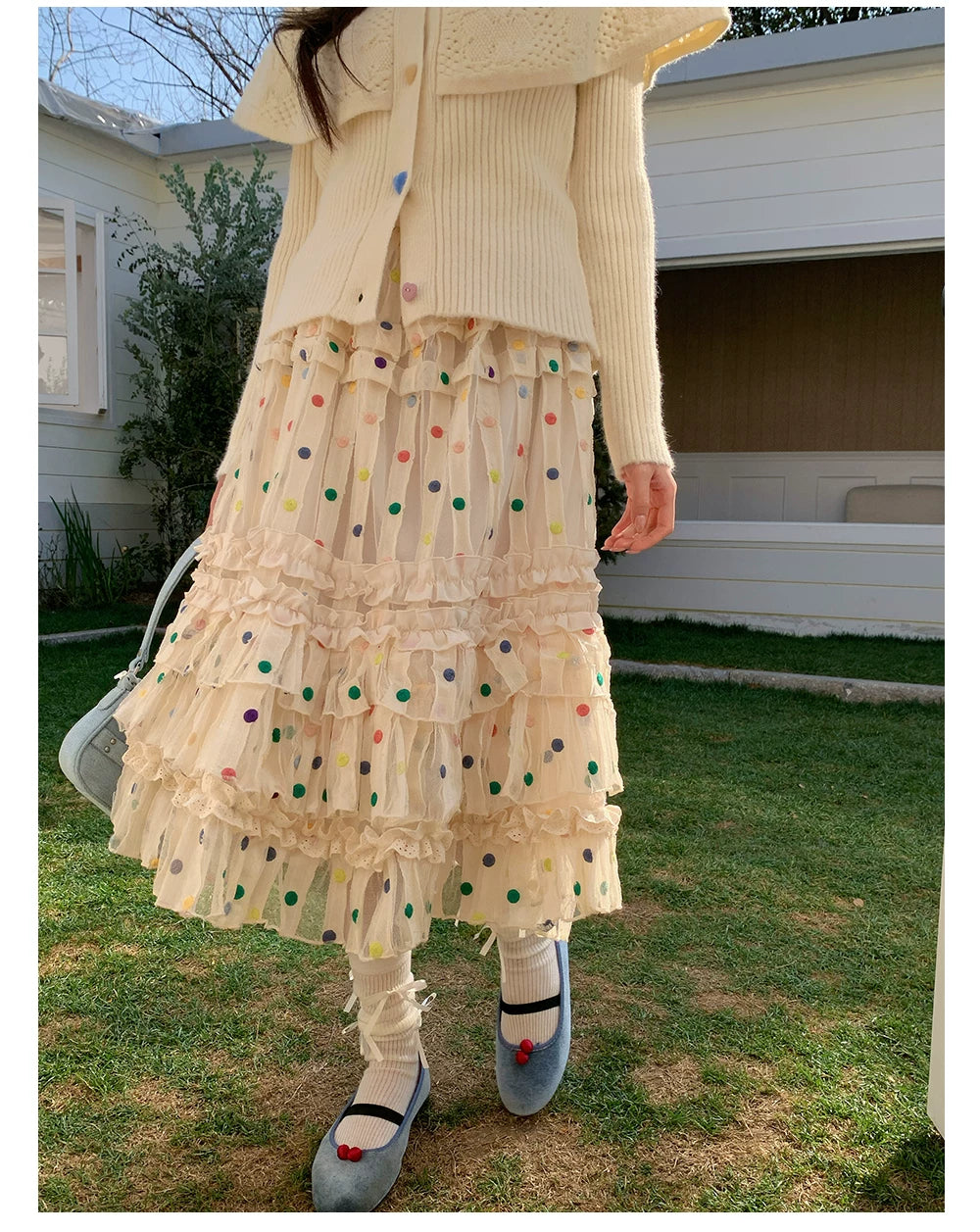 “Starlight Tulle Reverie” Apricot Polka Dot Mesh Skirt