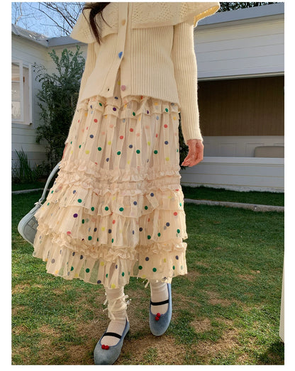 “Starlight Tulle Reverie” Apricot Polka Dot Mesh Skirt
