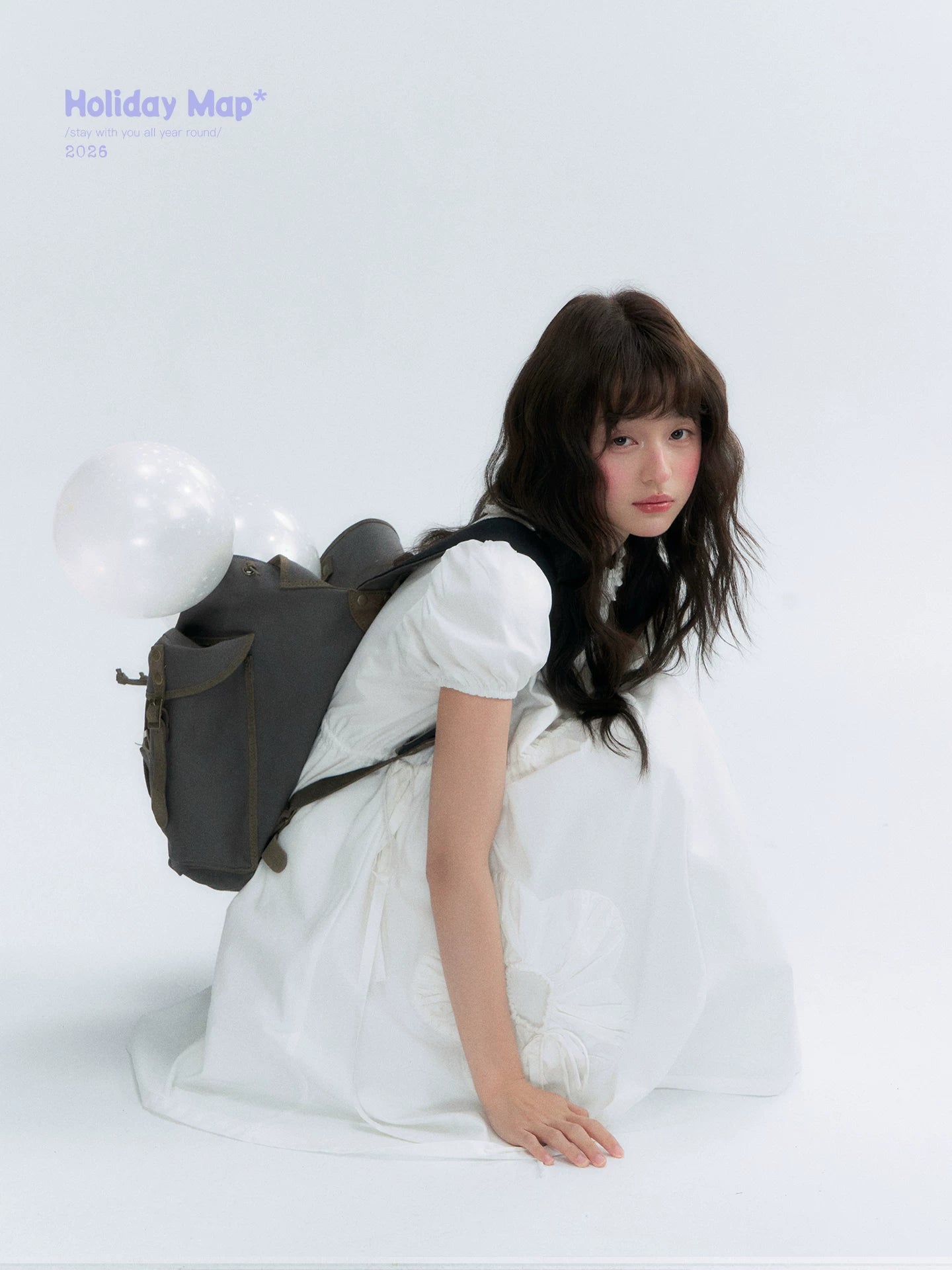 "Puff Doll Dress" Ruffle Trim Puff Sleeve Cotton A-Line Dress (White/ Black)