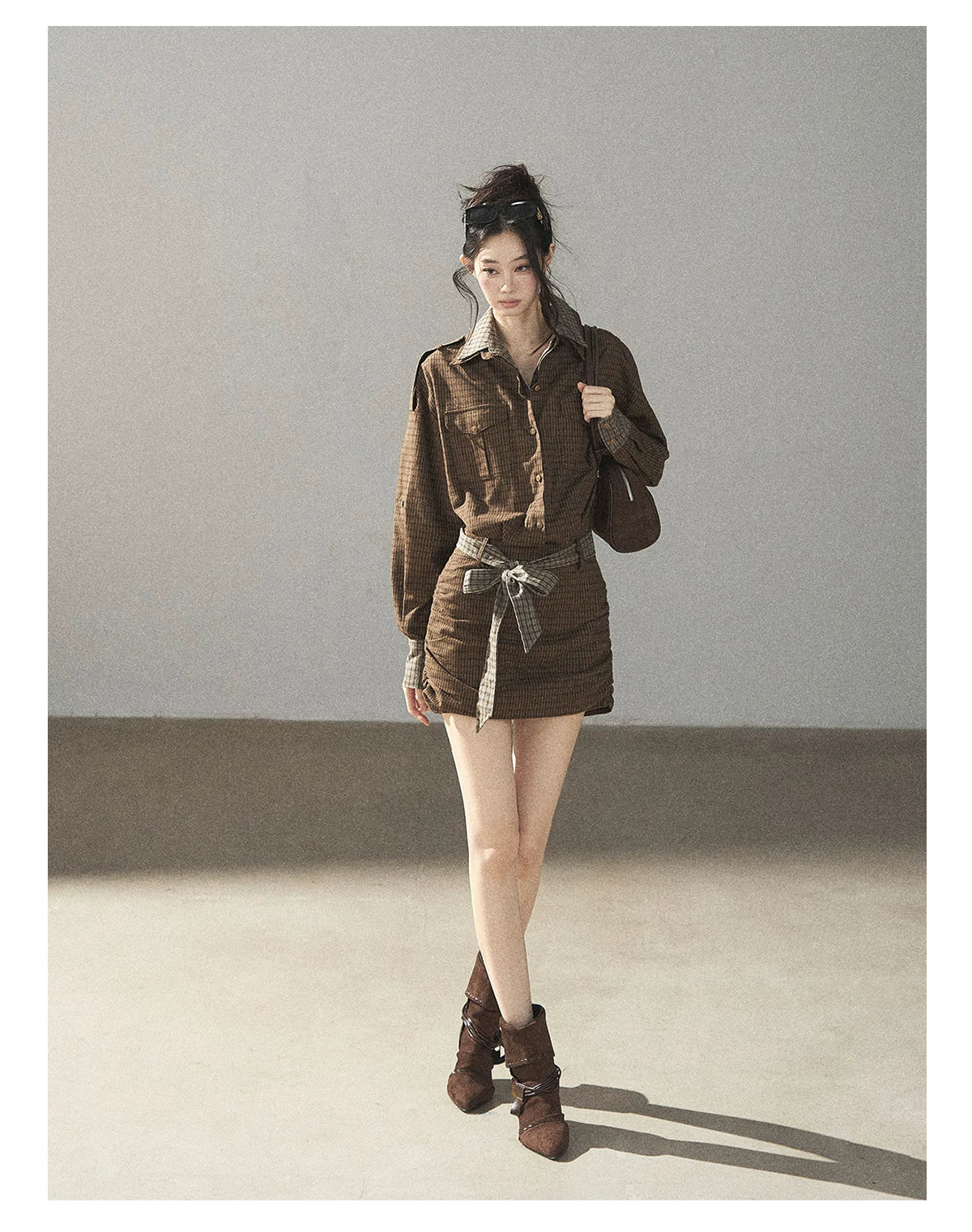 AOMALM - "A Promise Beneath the Oak" Crabapple Brown Plaid Shirt Dress with Belt