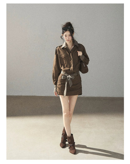 AOMALM - "A Promise Beneath the Oak" Crabapple Brown Plaid Shirt Dress with Belt