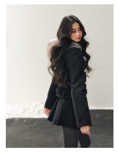 少也眼 "Silent Devotion" Quilted Fringe Wool Coat - Quiet Black