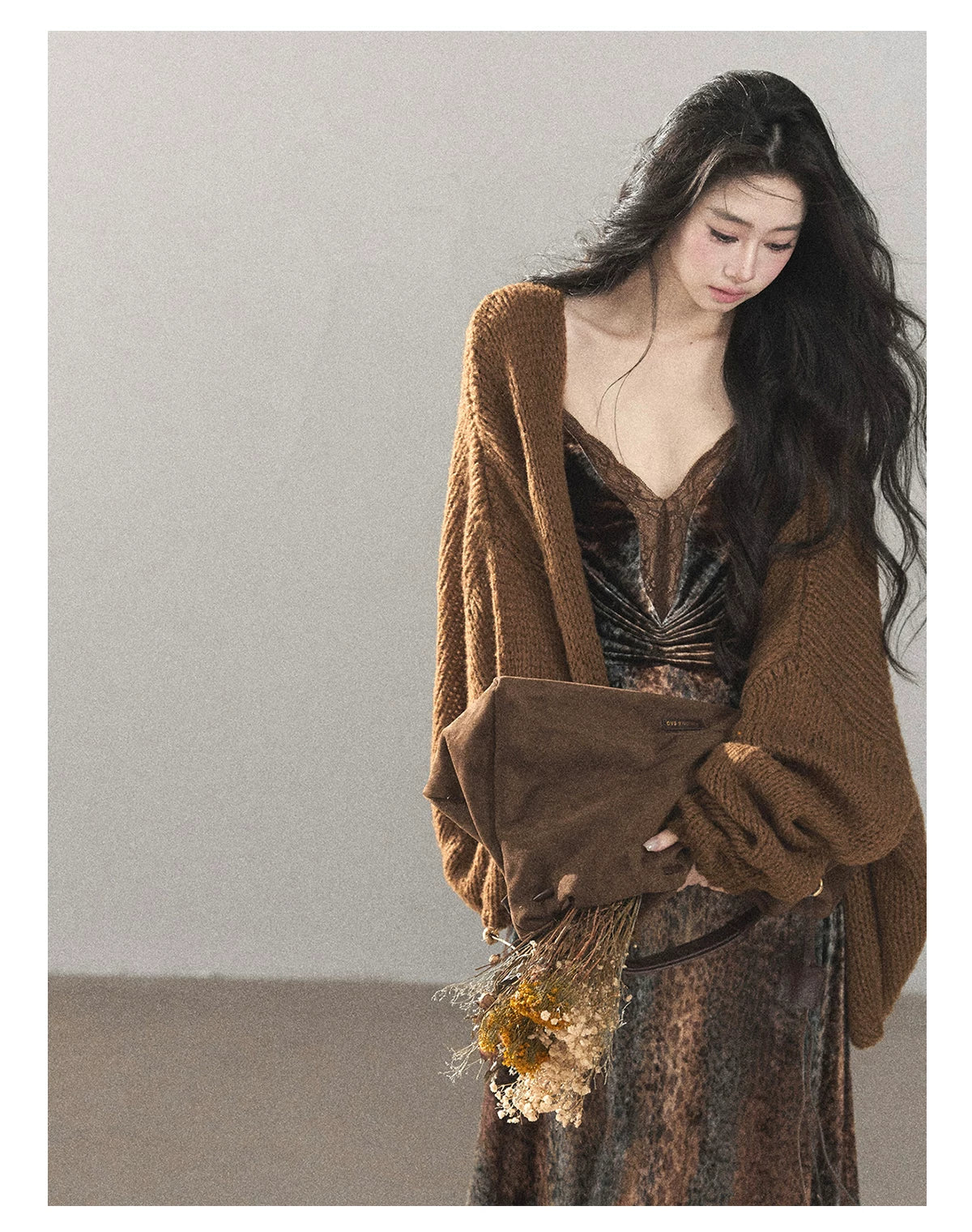 AOMALM - "Draped in Wild Wind" Cocoa Brown Leopard Flocked Bias-Cut Mermaid Maxi Dress (With Matching Hair Tie)