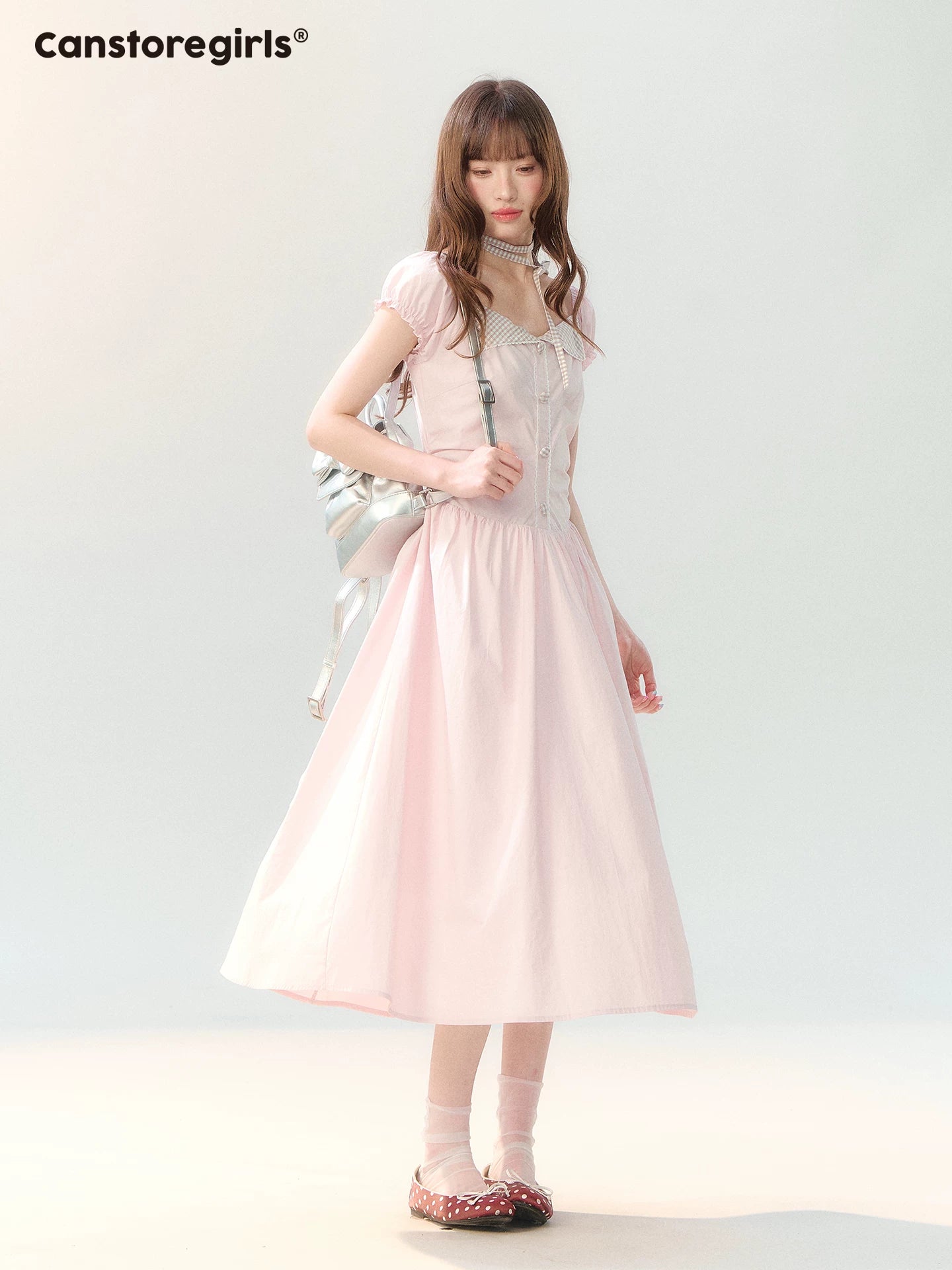 "Sakura Breeze Journal" Blush Pink Plaid Collar Dress LL2026226