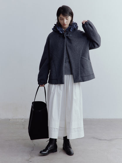 FUSSED Strange Circus Wool Hooded Ruffle-Trim Coat in Deep Heather Grey FOF-25SS137