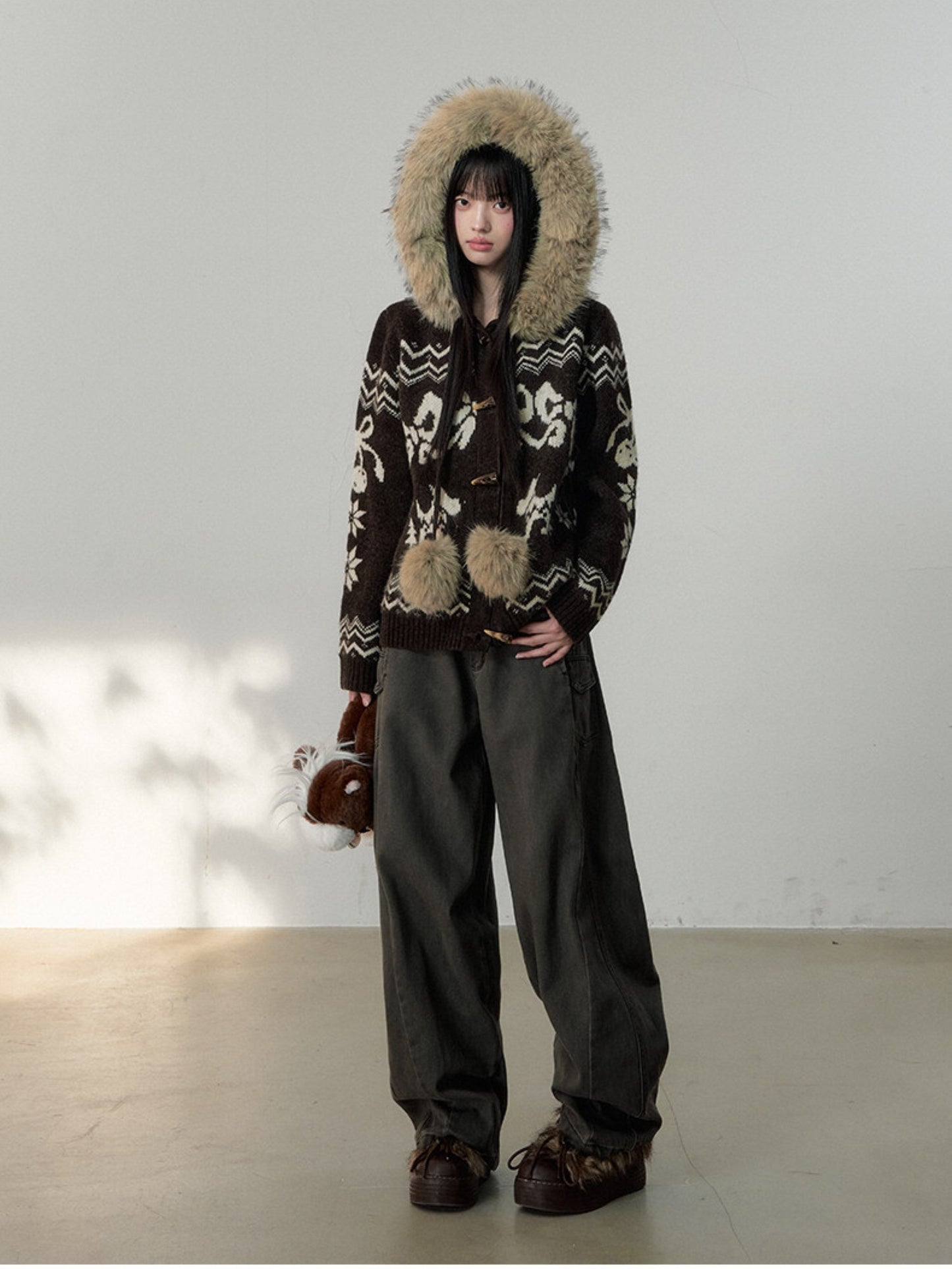 Soote Season - Fair Isle Cream Hooded Toggle Knit Jacket - Deep Roast Brown