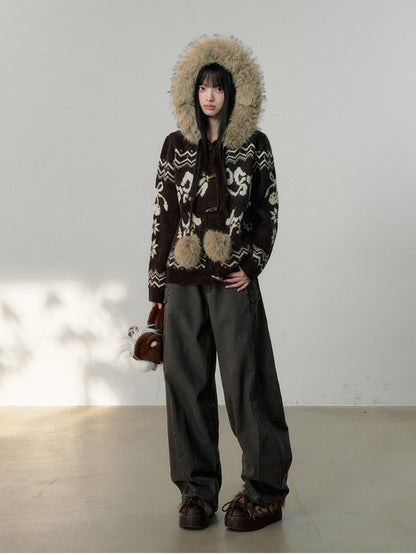 Soote Season - Fair Isle Cream Hooded Toggle Knit Jacket - Deep Roast Brown