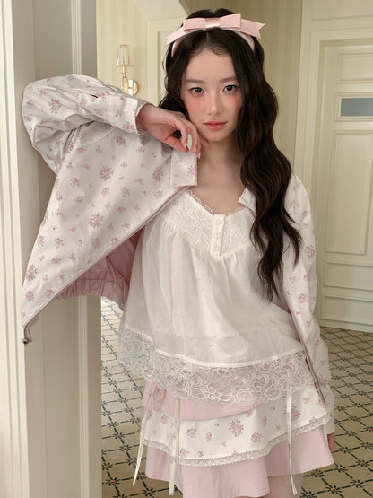 [RF] “Blush Meadow” White & Pink Floral Reversible Jacket and Mini Skirt Set