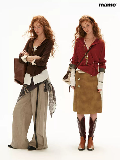 MAMC - Textured Wrap-Front Henley Waist-Defined Cardigan Top (Red / Brown)