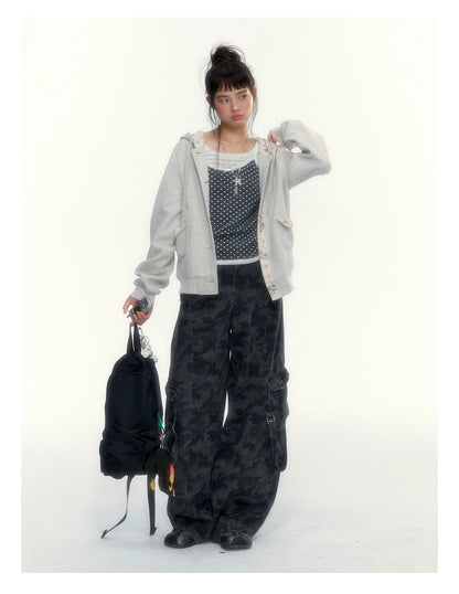 “Early Gray” Light Gray Striped Lace-Trimmed Fitted Long-Sleeve Top