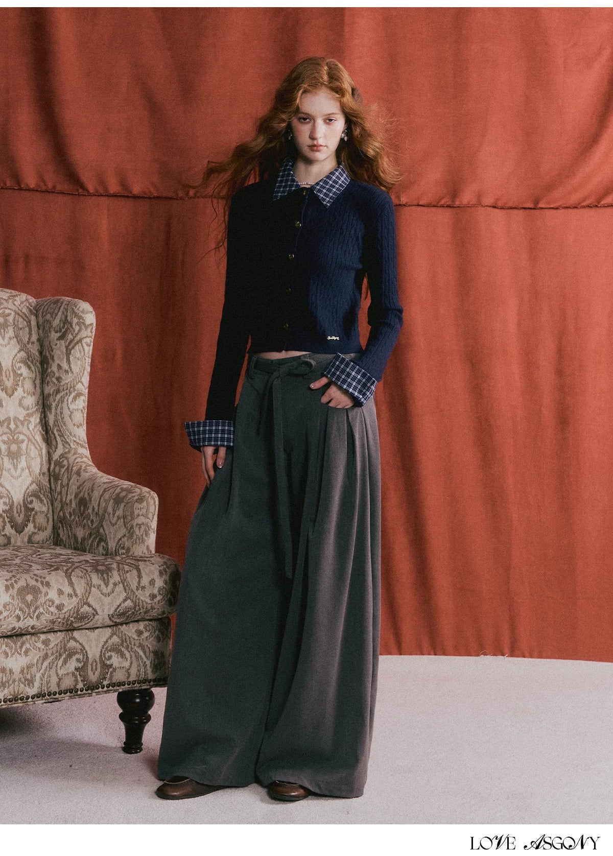 ASGONY - Pleated Wide-Leg Trousers with Detachable Tie (Gray / Brown)