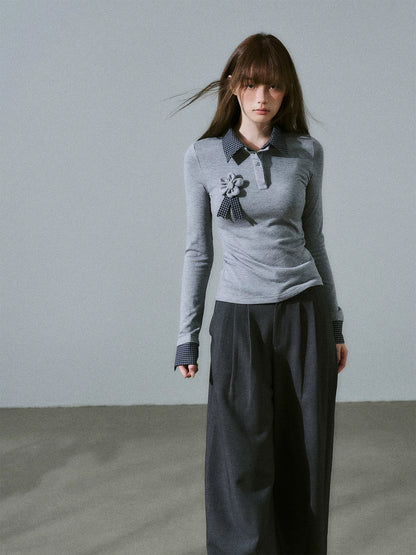 LOST FOREST - Gray Plaid Layered Knit Top with Detachable Brooch