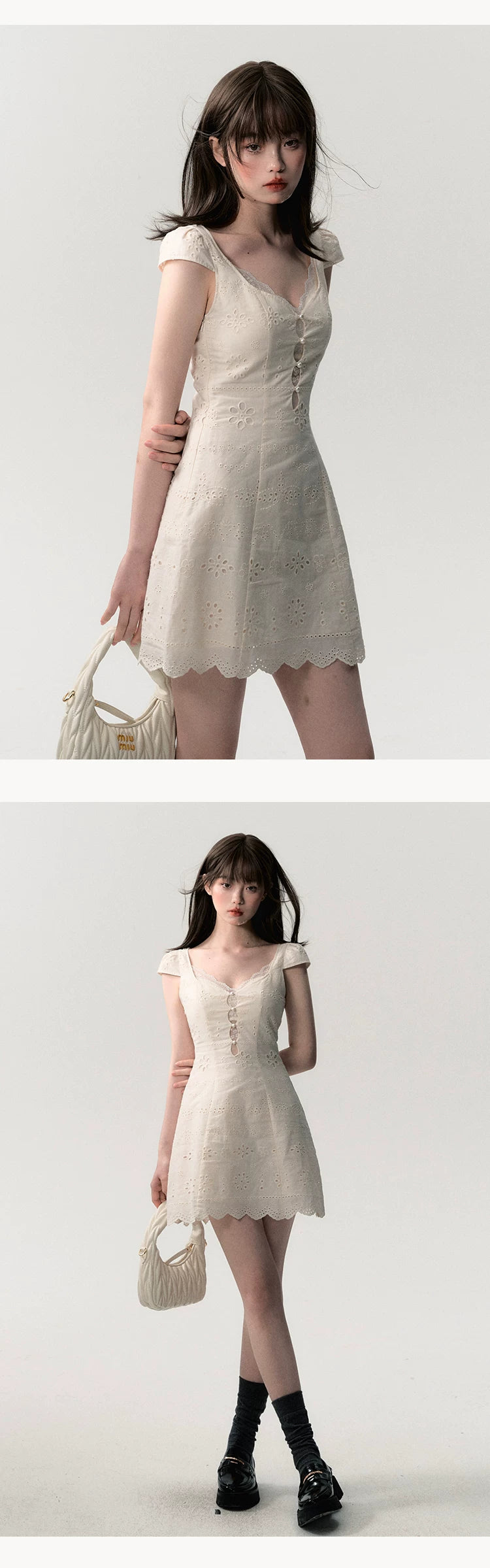 OAKMOO/ "A Flutter of Time" Cream White Fitted Lace-Trimmed Textured Dress