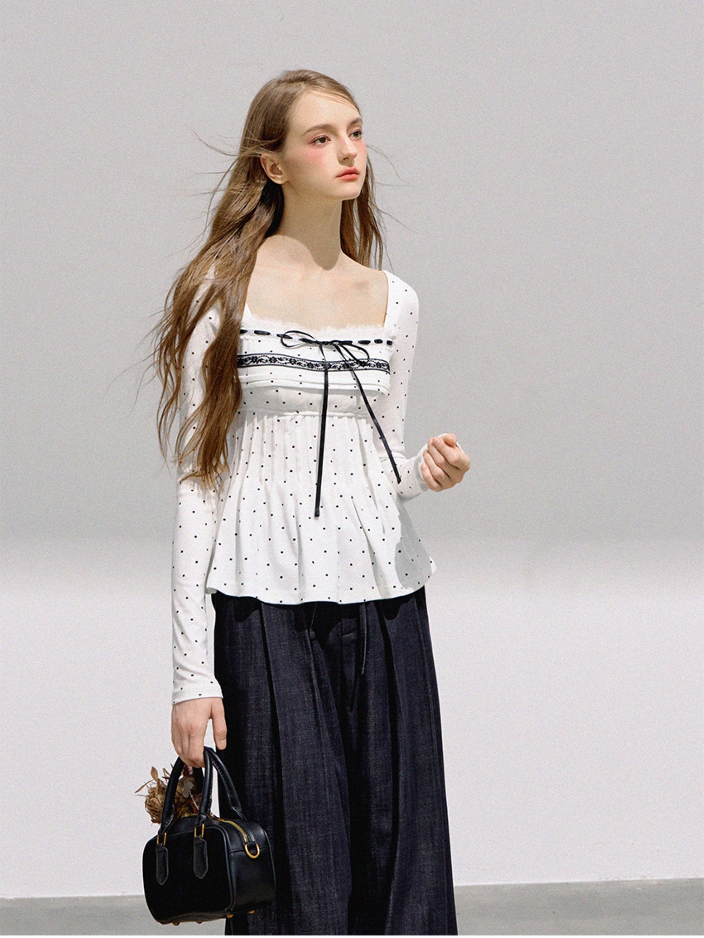 BOHOL BLING - French Sweetheart Polka Dot Top + Square Neck Black Cardigan
