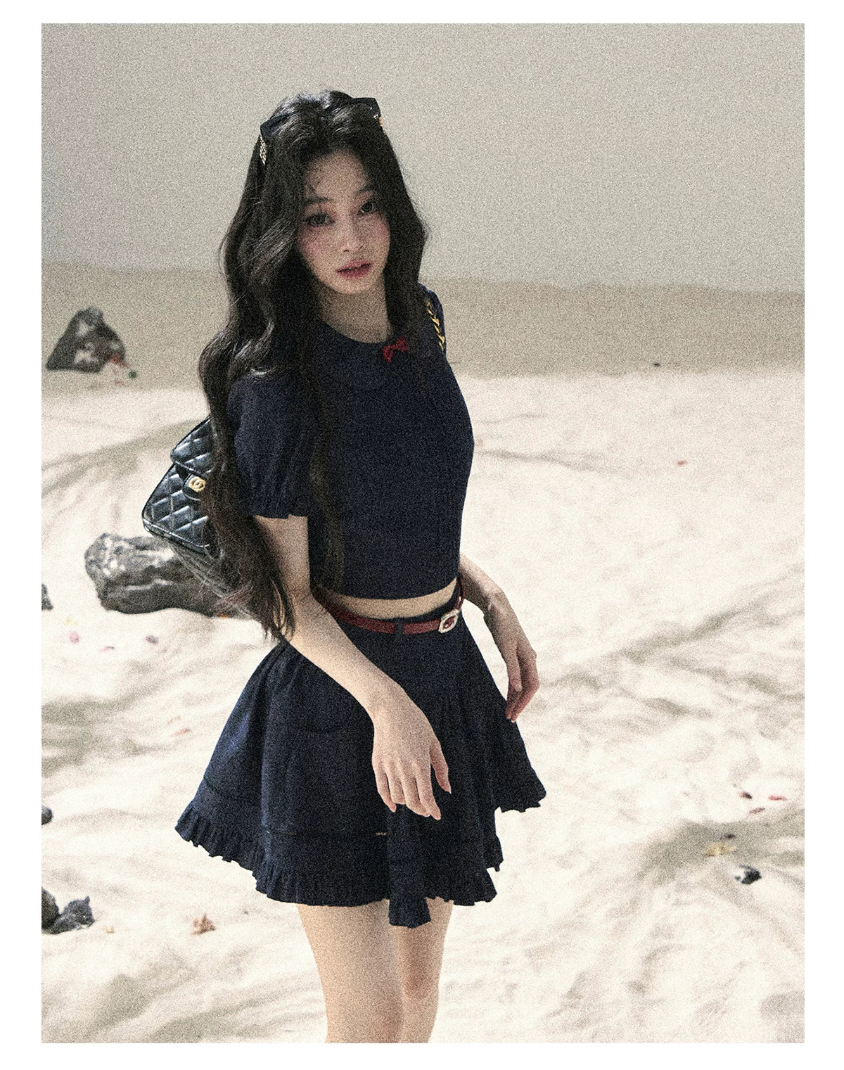 "Seaside Breeze" Navy Blue Denim Pleated Top & Mini Skirt Two-Piece Set