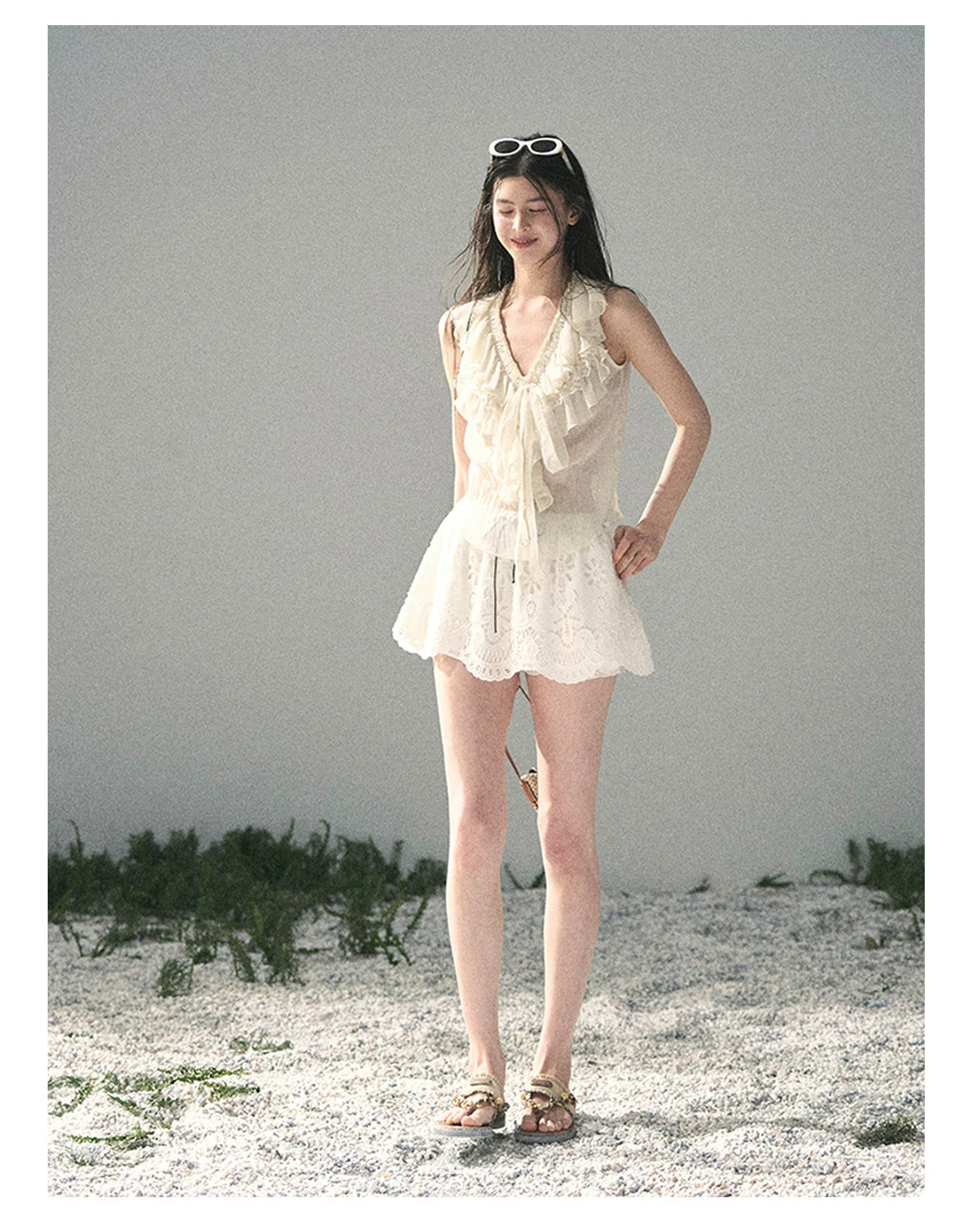 “Moonlight Through Sheer Veils” Ivory Ruffle Chiffon Blouse