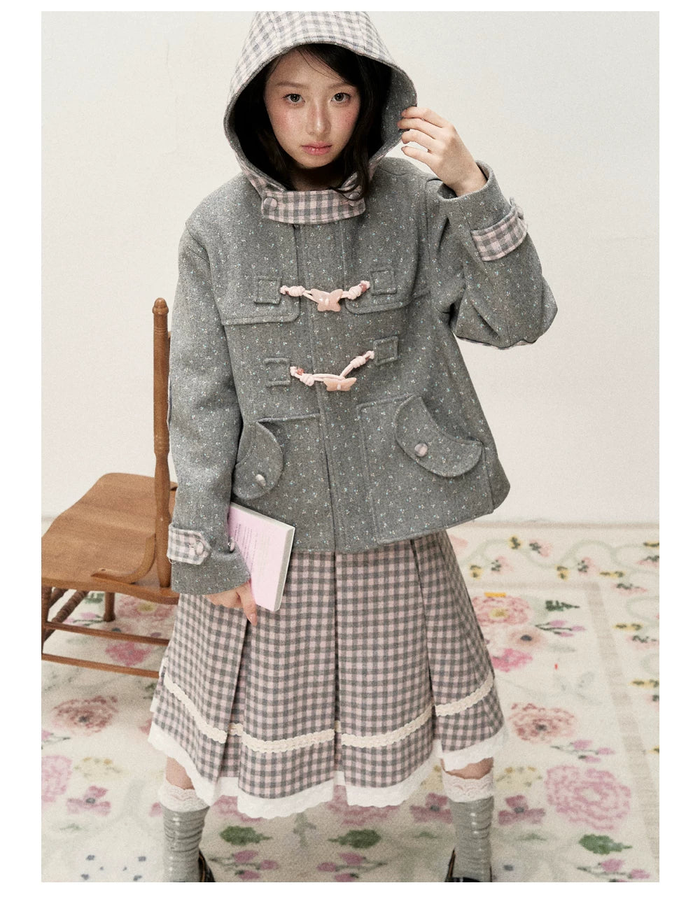 [RF] Gray & Pink Plaid A-Line Midi Skirt with Lace Trim