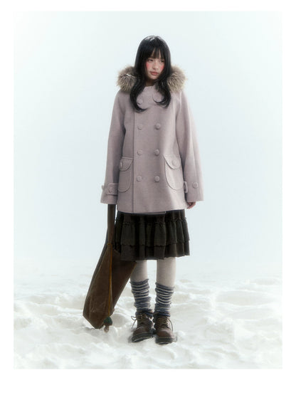 Japanese Hooded Double-Breasted Wool Coat (Deep Charcoal Gray / Taro Purple)