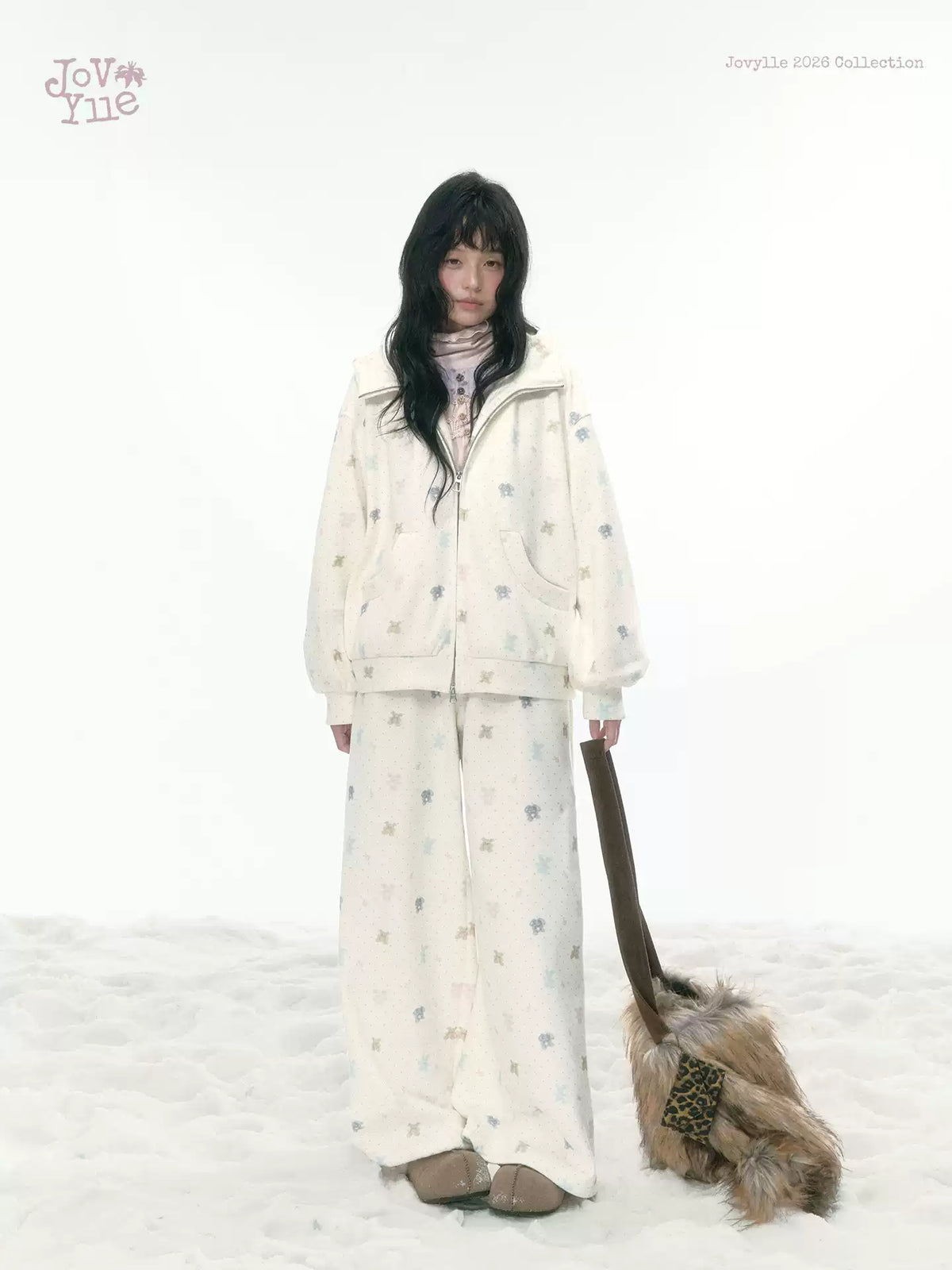 JOVYLLE - Cream Printed Fleece-Lined Sweatshirt, Pants & Skirt Set