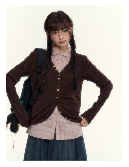 “Chestnut Book Knit” Red Brown Faux-Layered Colorful Button Cardigan