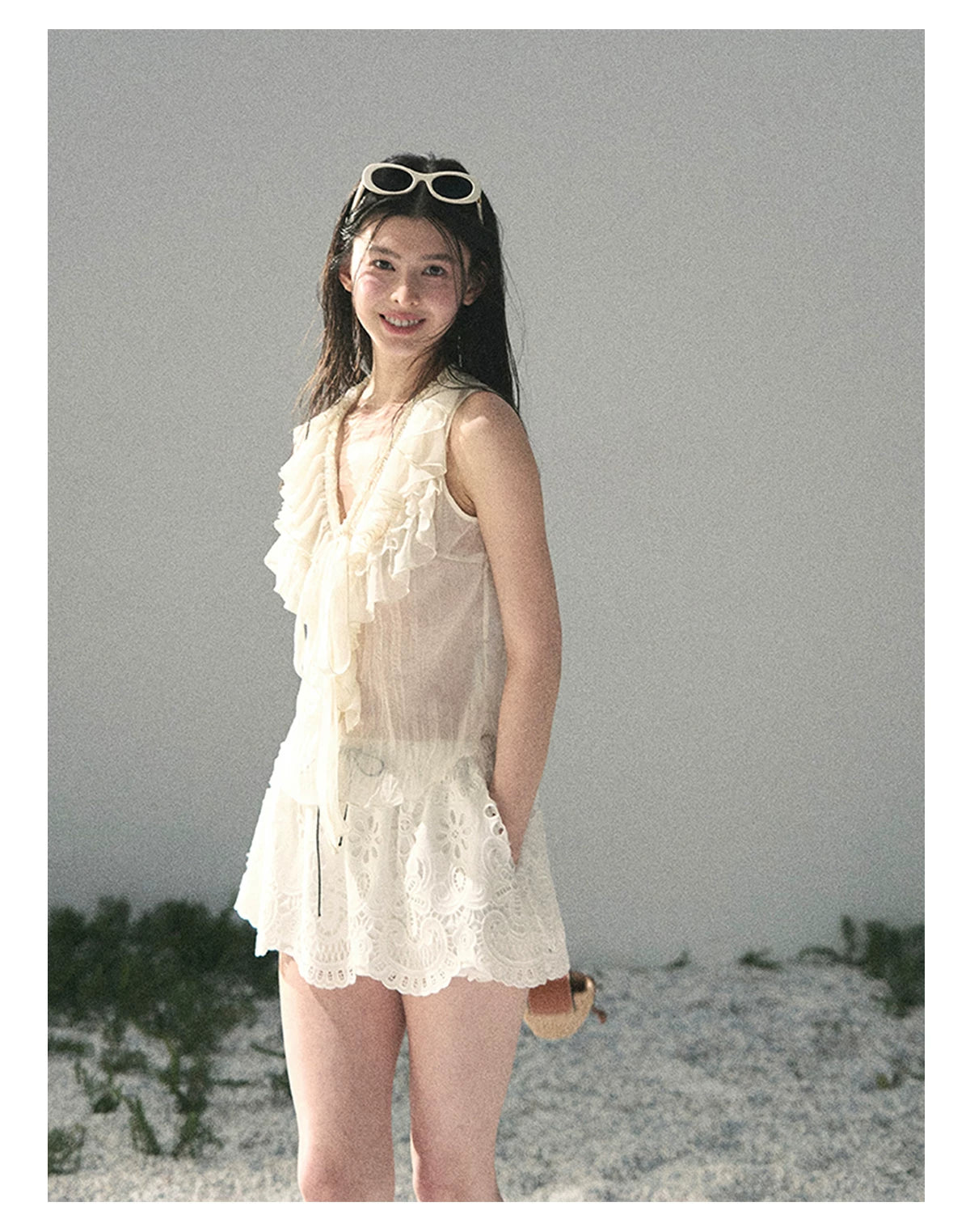 “Moonlight Through Sheer Veils” Ivory Ruffle Chiffon Blouse