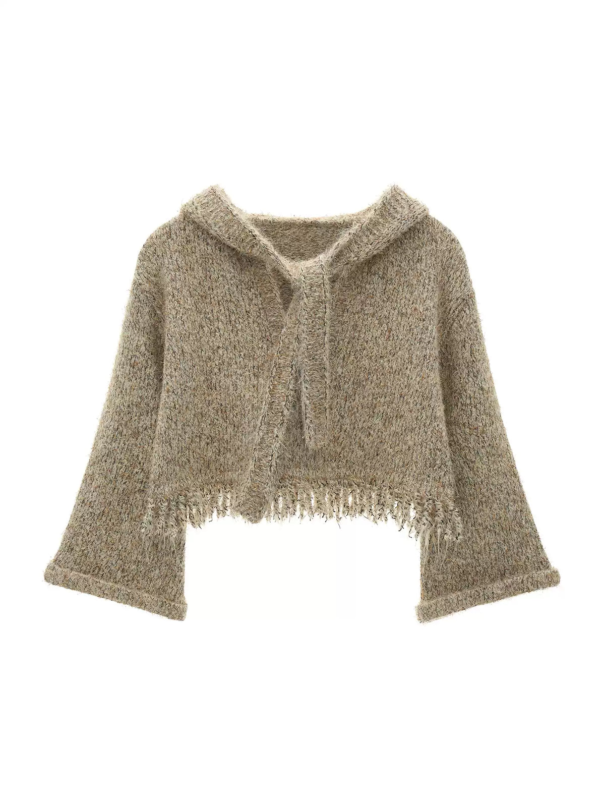 MAMC - Khaki Textured Hooded Knit Sweater with Flare Sleeves