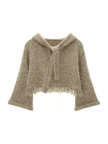 MAMC - Khaki Textured Hooded Knit Sweater with Flare Sleeves