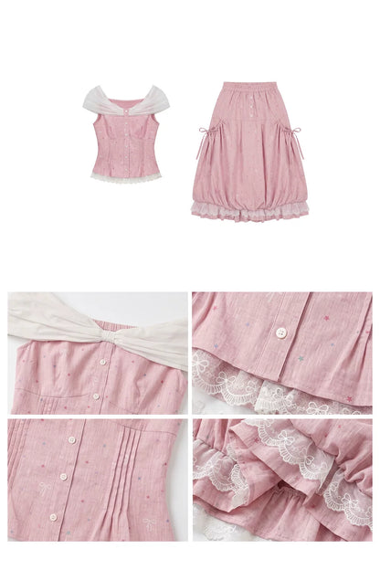“Peach Mist Starlit Meadow” Pink Off-Shoulder Skirt Set
