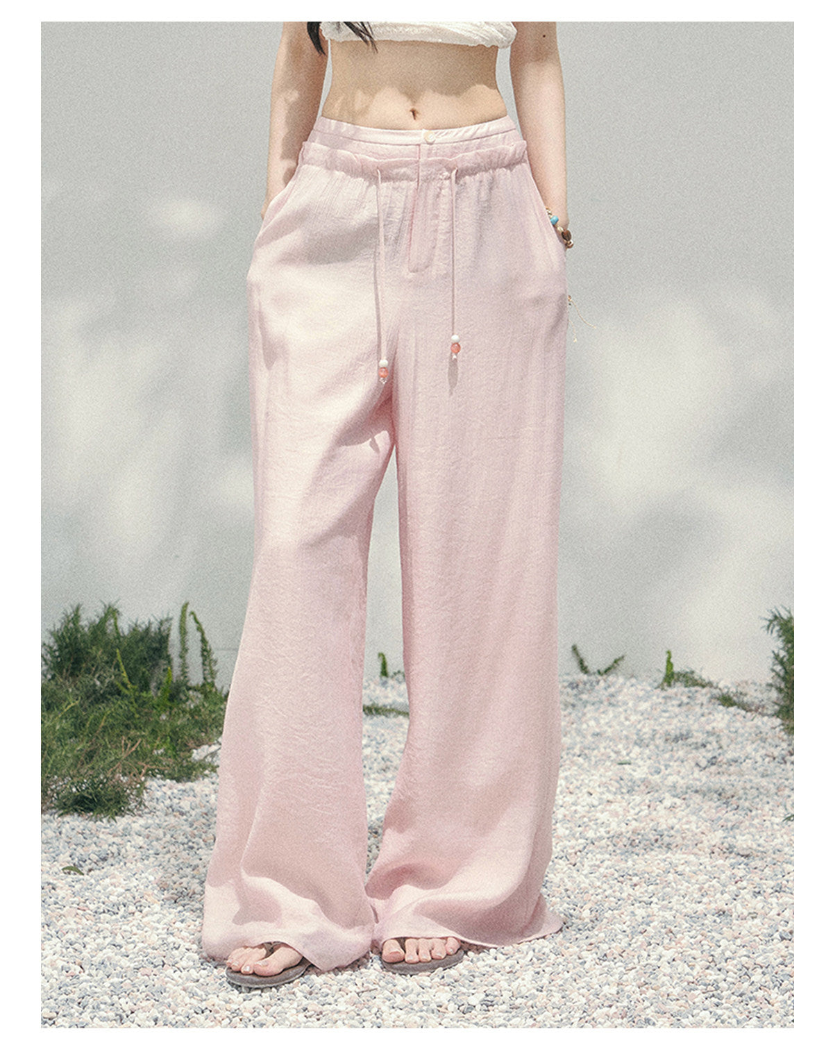 少也眼 "Misty Walk Pants" Soft Mist Pink Wide-Leg Chiffon Pants 546566