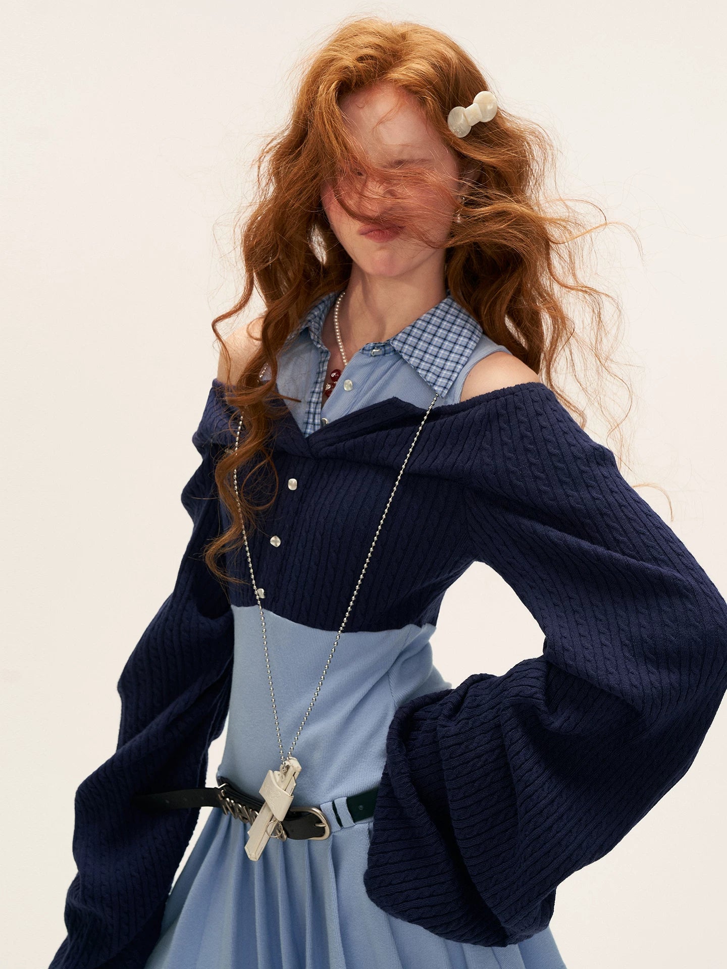 Blue Layered Collar Waist-Cinch Shirt Dress
