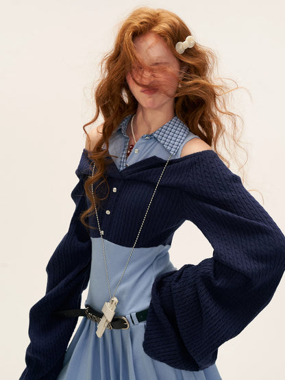 Blue Layered Collar Waist-Cinch Shirt Dress