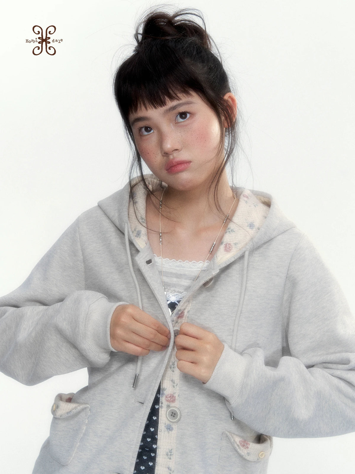 “Blooming Reverie” Light Heather Gray Floral Hooded Cardigan Sweatshirt