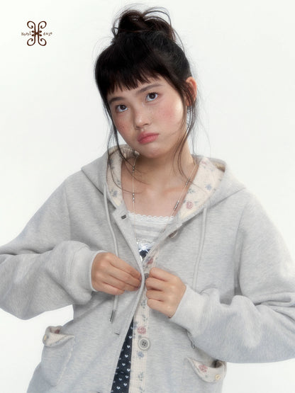 “Blooming Reverie” Light Heather Gray Floral Hooded Cardigan Sweatshirt