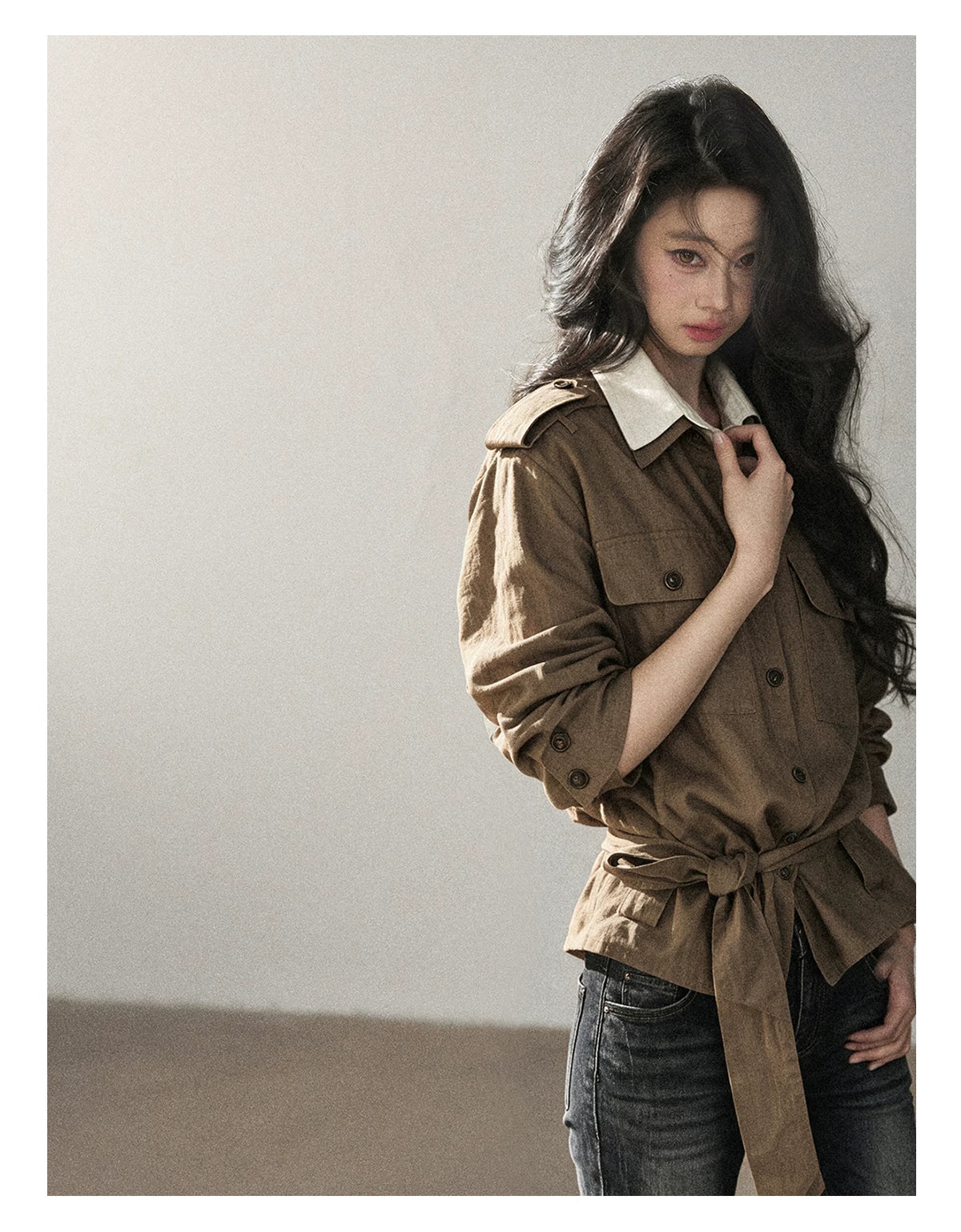 AOMALM - "The Final Chapter of an Old Dream" Roasted Pecan Brown Faux Two-Piece Linen Top with Belt
