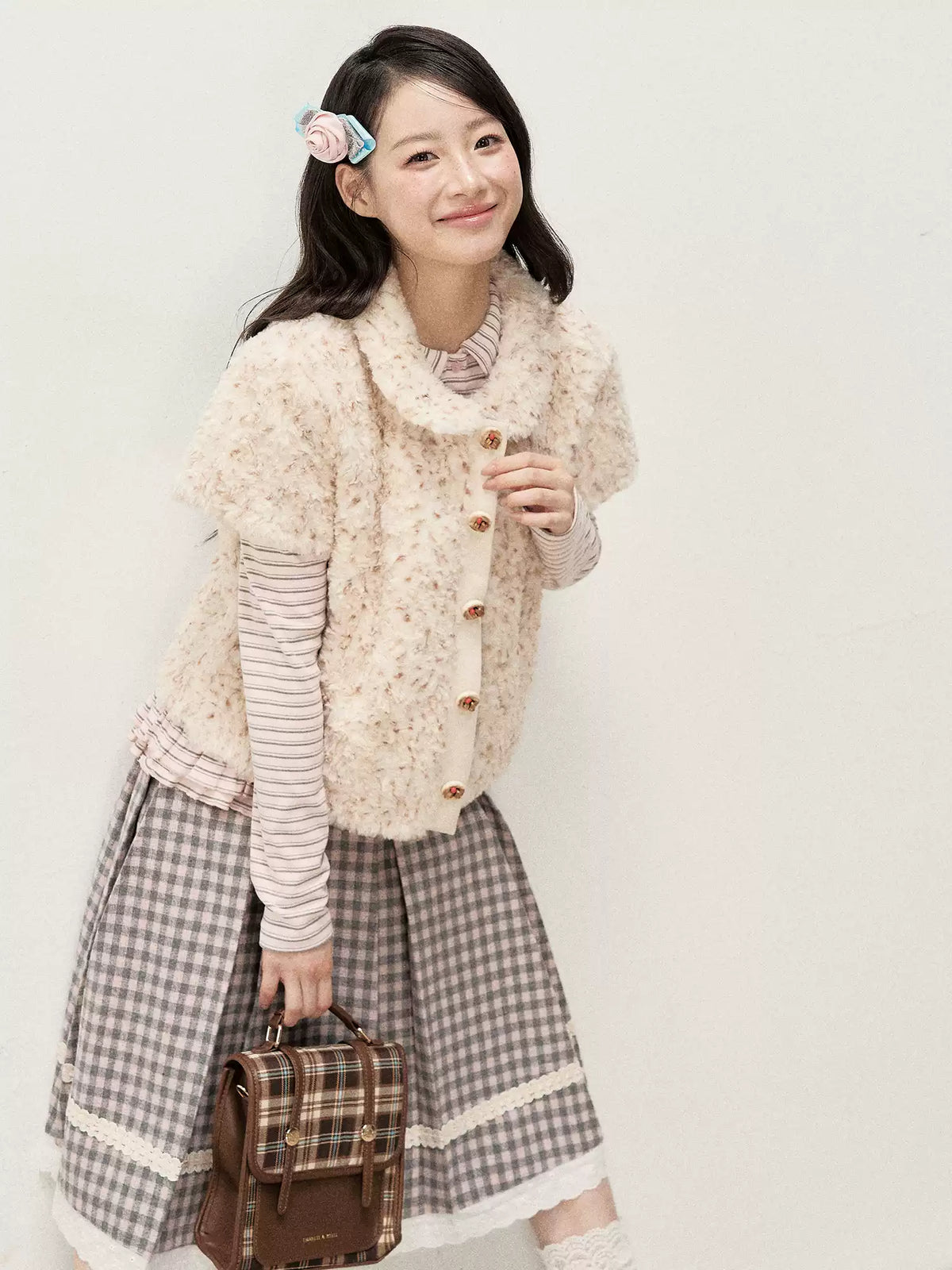 [RF] Cream Beige & Chestnut Speckle Plush Short-Sleeve Vest Jacket with Peter Pan Collar